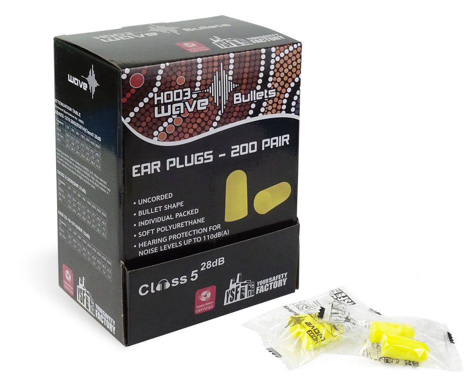 YSF Wave Bullet Earplugs 28dB H003 box of 200 pairs