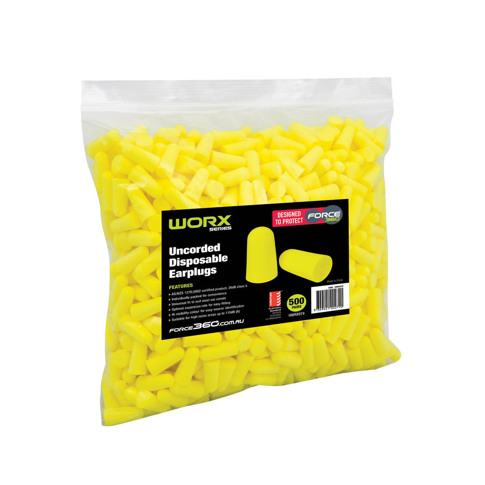 Bullet Shaped Uncorded Earplug Bulk Pack (500pr Per Bag)